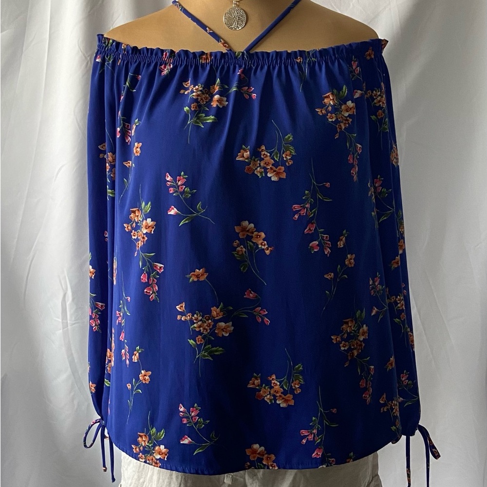 Trendy Js Floral Off-Shoulder Royal  Blue Top Size L